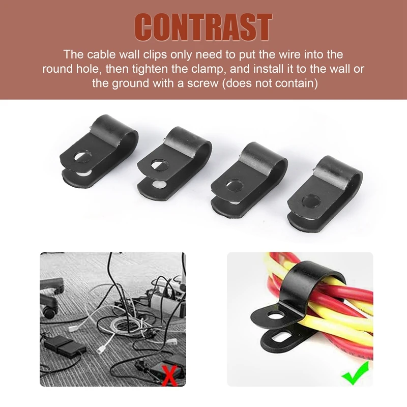 LUWEI 1000 Pcs 1/4 Inch Black Nylon R-Type Cable Clips For Mounting Indoor Outdoor Rope Light Electrical Wire Clamp Fastener