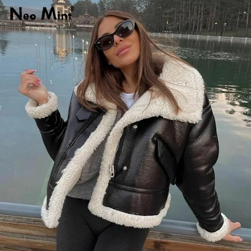 

Women 2023 Winter Thicken Warm Shearling Jacket Coat Punk Girls Street Fashion Overcoat Faux Lamb Fur Lining Motor Jackets Coats