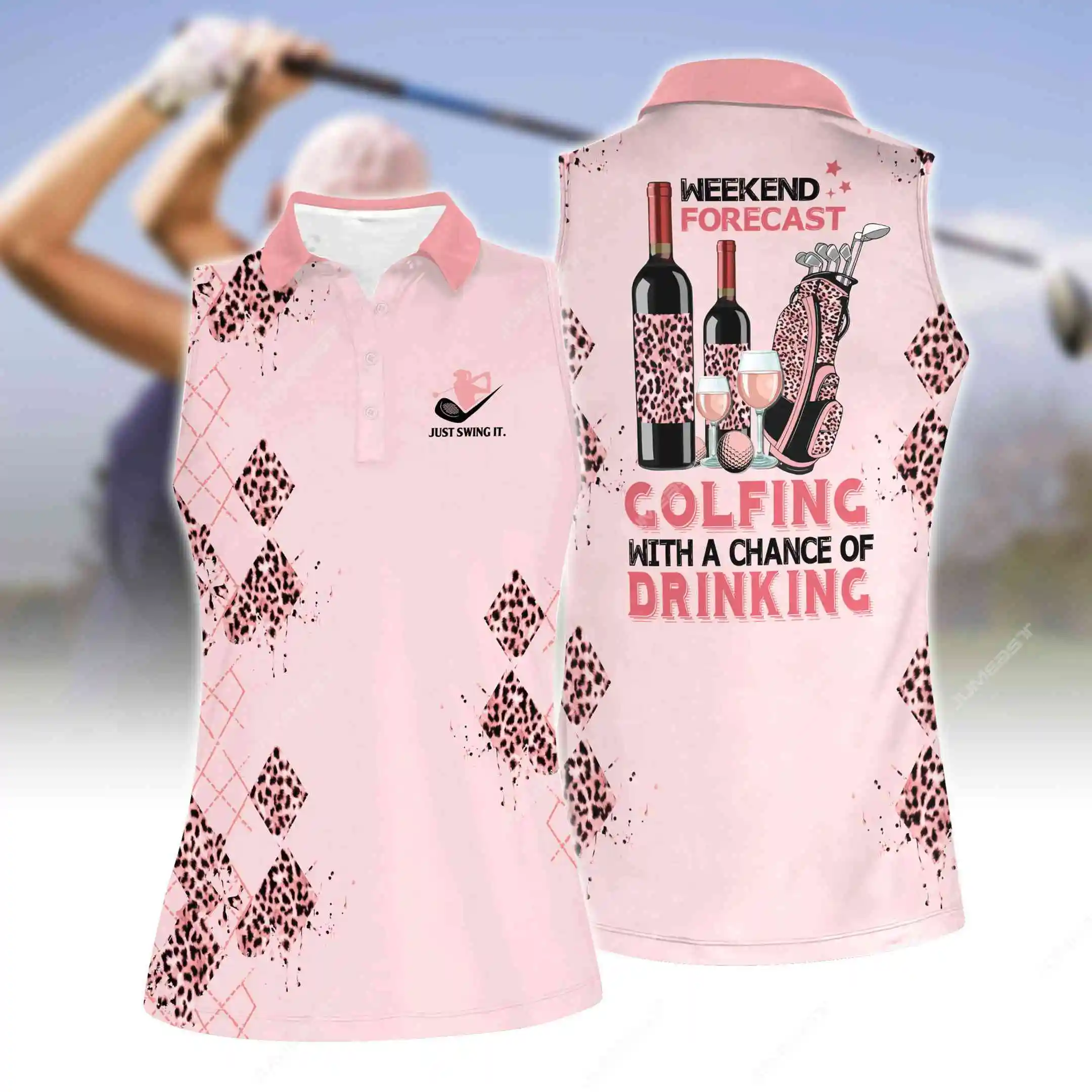 Jumeast Women Sleeveless Golf Polo Shirts 3D Printed Swing Flamingo Red Wine Graphic Tee Sport Workout Light Academia Clothing