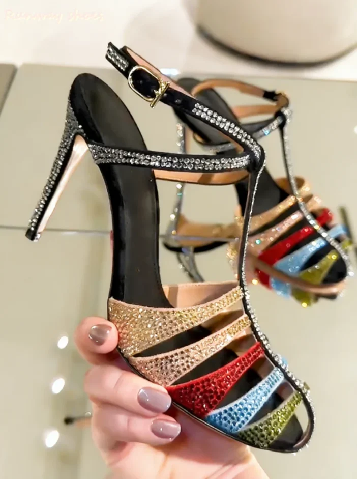 Full Of rhinestones Round Head Hollow Out New Model Luxury Sandals Asakuchi One-strip Clasp Stilettos Banquet Women's High Heels
