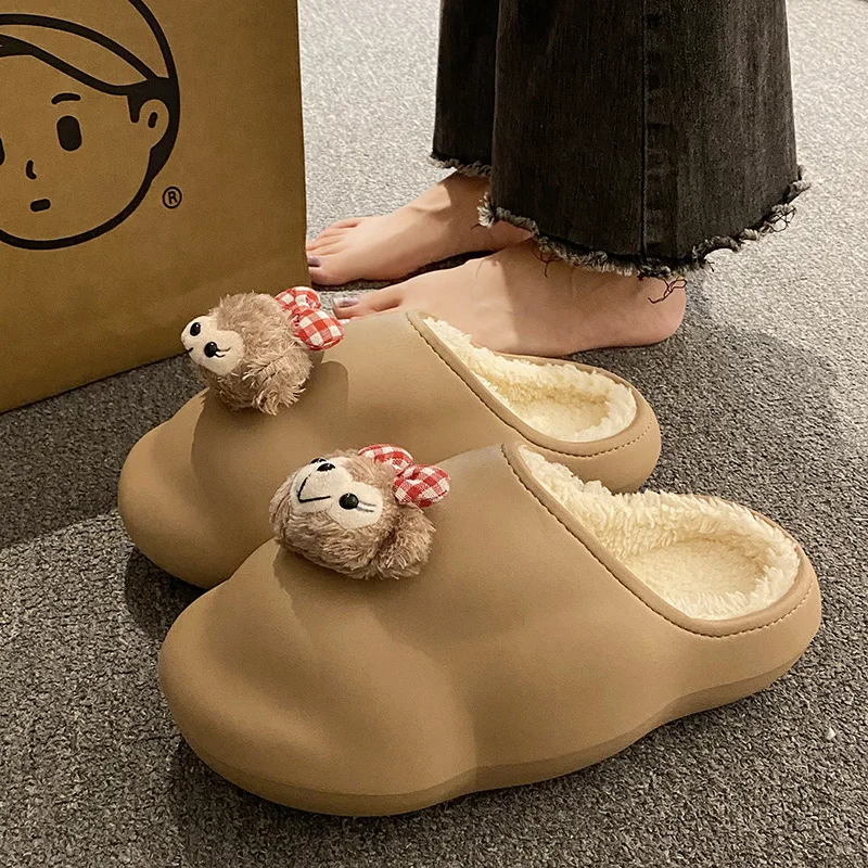 

Cute cartoon bear cotton slippers female models 2024 new fall and winter thick bottom non-slip padded warm plush slippers