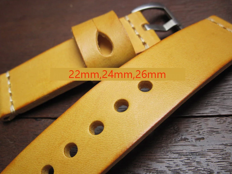 

22mm 24mm 26mm Handmade Thick Retro Italian Cowhide Genuine Leather Watch Band Belt Bracelet Yellow Watchband Strap Accessories