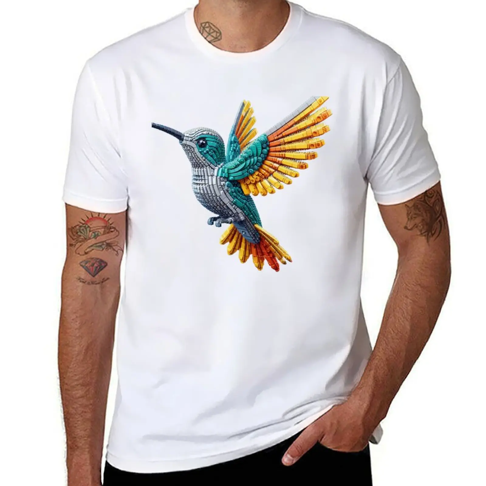 

Art: Humming-bird to Whimsical Animal Bring Your Playfulness Space - Block T-Shirt Urban Style Casual Short Sleeve Top
