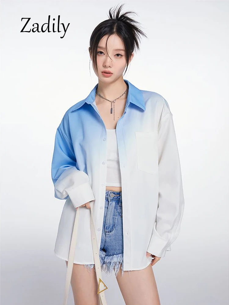 Zadily 2023 Summer Unisex Long Sleeve gradient Women White Shirt Oversize Button Up Woman Blouse Streetwear Female Clothing Tops