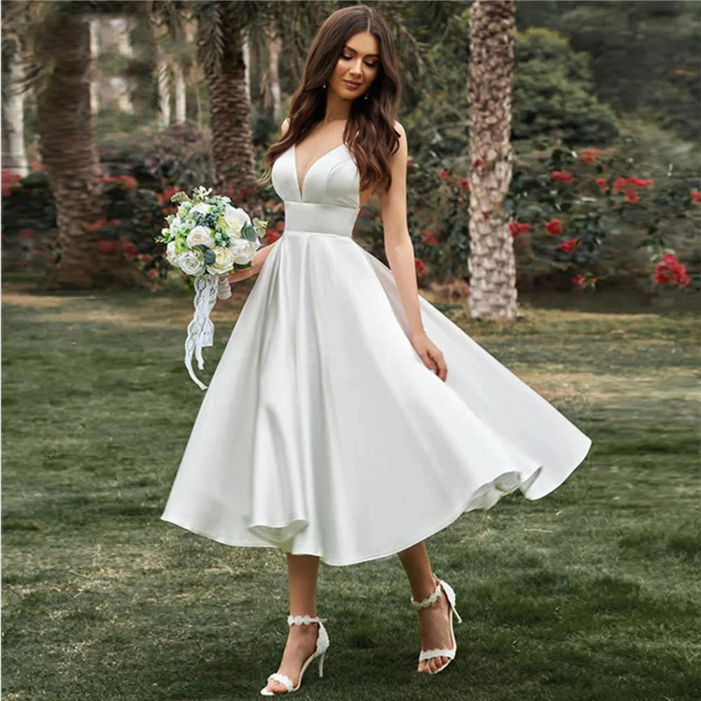 

Simple Short Wedding Dress for Women Civil A-Line V-Neck Spaghetti Strap Bridal Gown Tea-Length Satin Bridal Gown Robe De Mariee