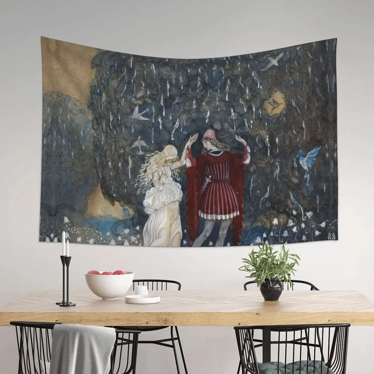 

LENA DANCES WITH THE KNIGHT AMONG BIRDS AND FLOWERS Swedish Fairy Tale Tapestry Decoration Home Tapestry