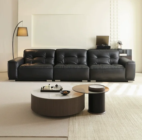 ！@Italian Minimalist Black Genuine Leather Three Seat Sofa-Designer 'Black Bull' Sponge Filled Apartment-Friendly for Living Roo