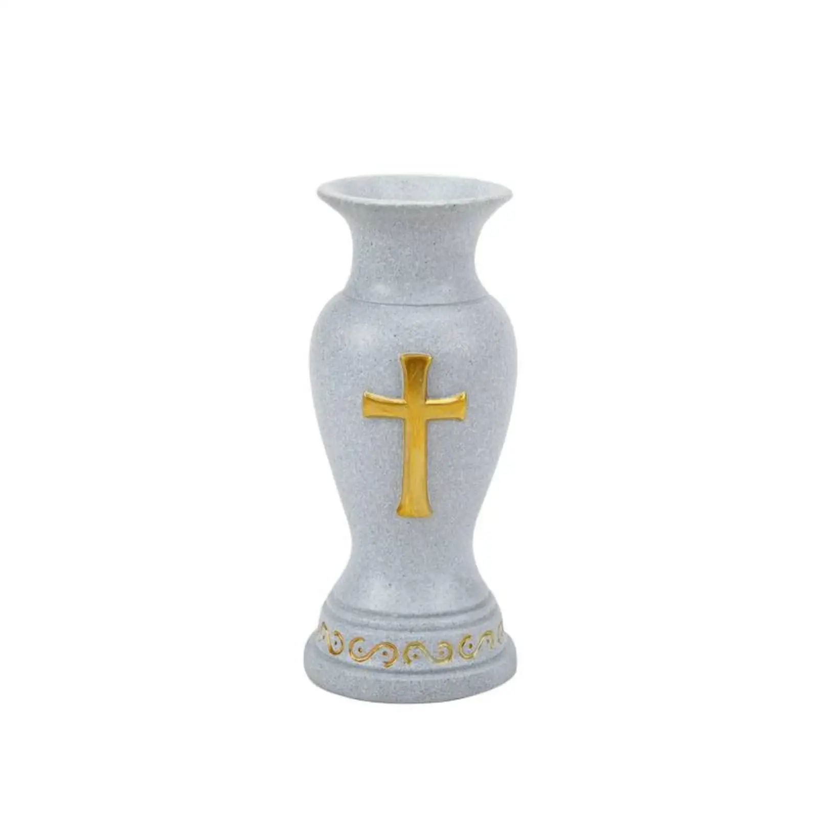 Outdoor Resin Vase Stone Finish Cross Design Decorative Flower Pot for Cemetery Patio Garden Decor