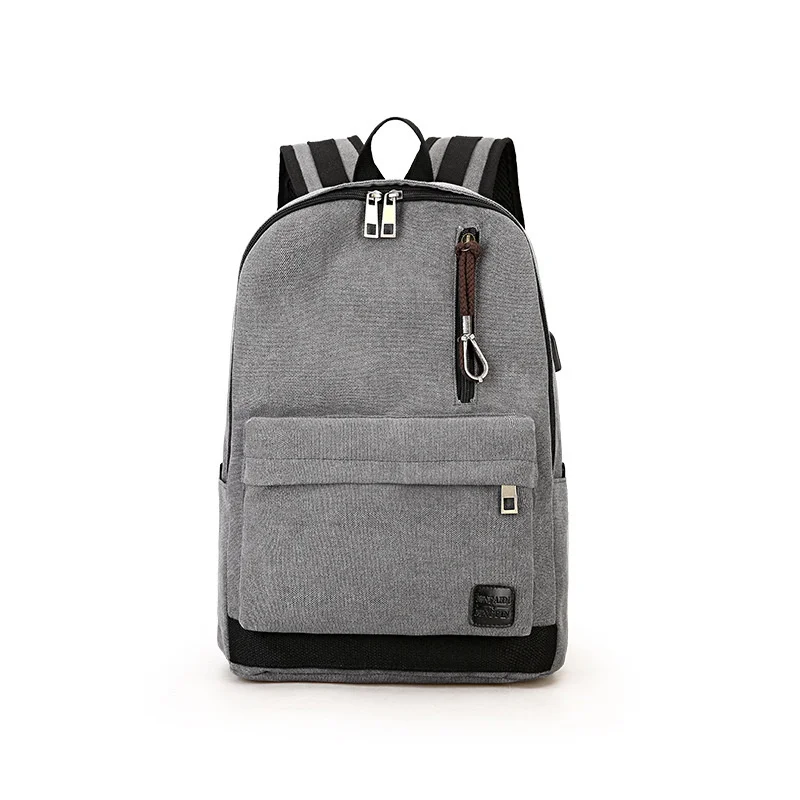 Canvas Backpack USB Interface Earphone Hole Student School Bag Multifunctional Computer Solid Color Outdoor Travel