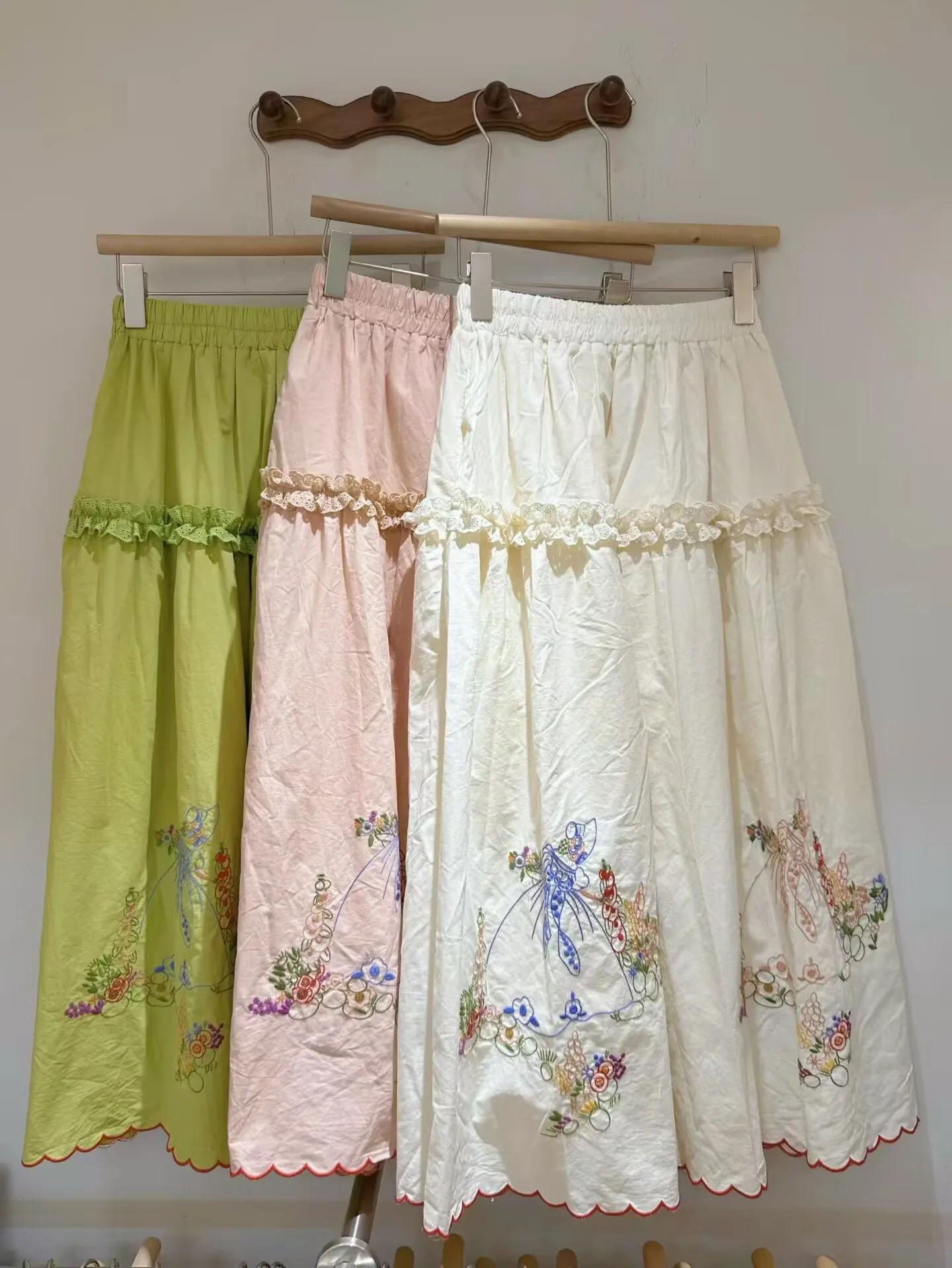 

Spring Summer Cotton Embroidery Elastic Waist A-line Skirt Sweet Japanese Style Midi Skirt