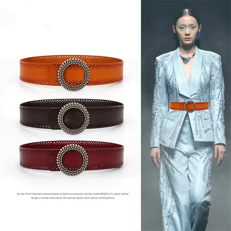 Women's Designer Belt Round Buckle Vegetable Tanned Leather Grain Ladies Decorative Costume Accessories Belt 5cm Width