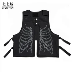 High Street Tank Tops Men Women Skeleton Print Sleeveless Jackets Vintage Casual Oversized Coat Autumn Unisex Tops Streetwear