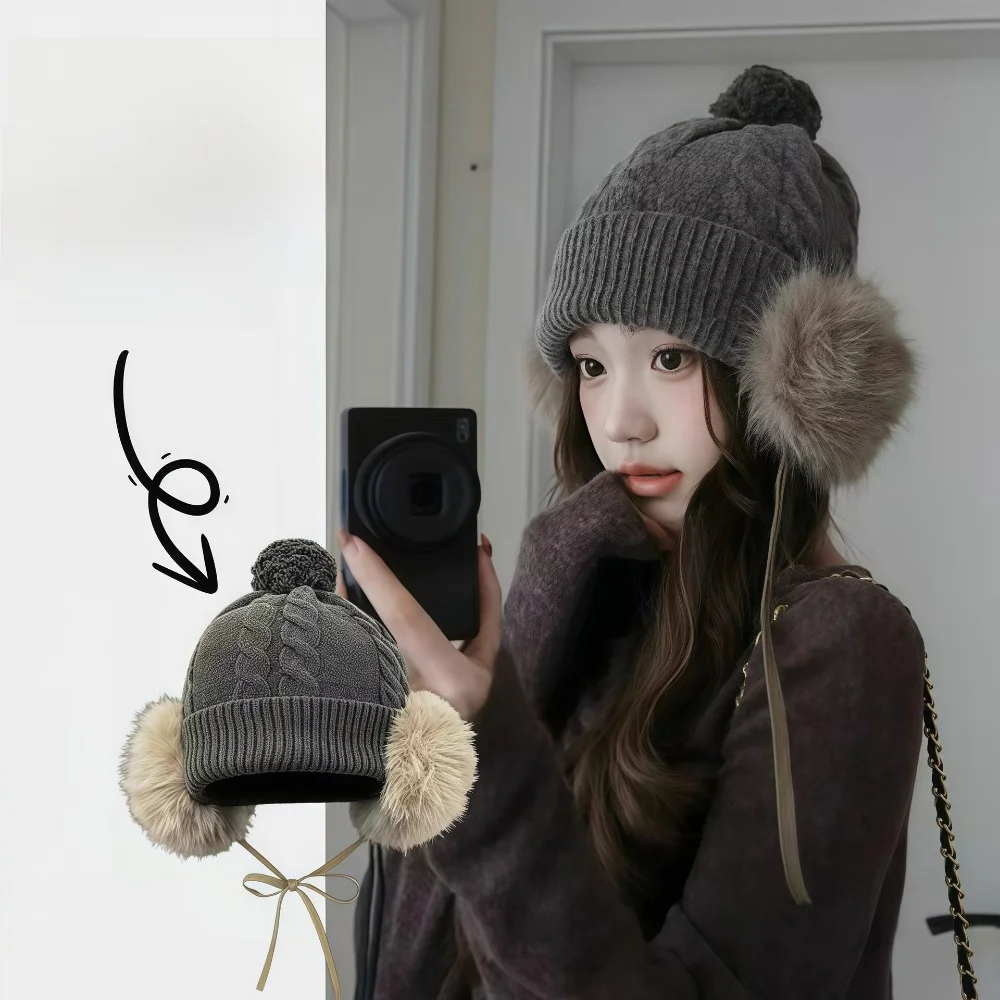 Faux Fur Ear Flaps Cable Knit Trapper Hat Thick Warm Lining Face Slimming Design Pom Pom Knit Hat Pull On Style