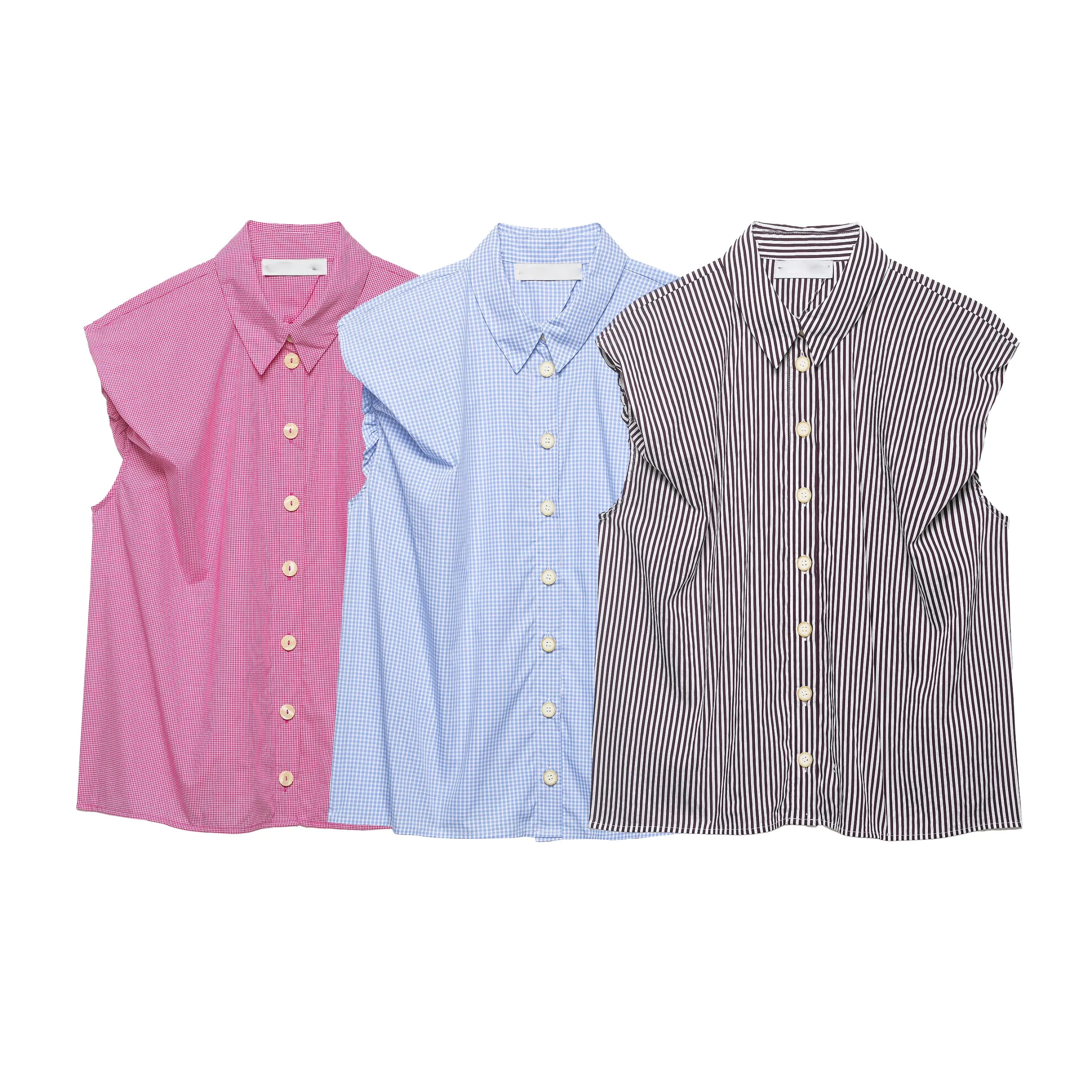 

Summer Women Plaid Striped Shirt Chic Ruffle Sleeveless Blouse Vintage Gingham Tops Casual Loose Button Up Shirts Korean Fashion