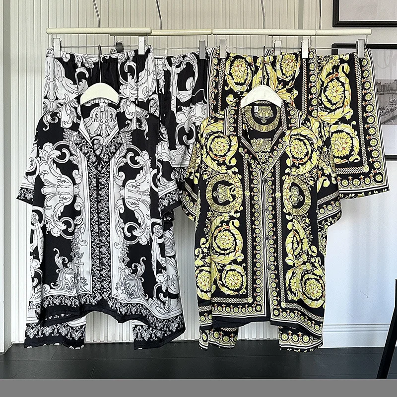 

2025 Summer Vintage Ice Silk Pajamas Men Women Short Sleeve Pants Palace Pattern Homewear Three-Piece Set Nightgown Sleepwear