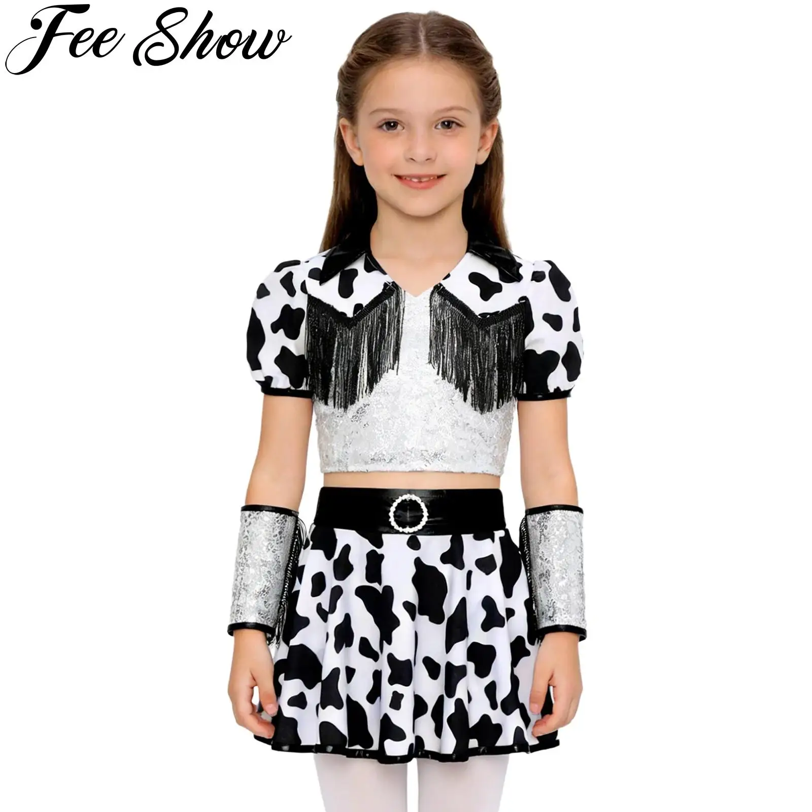 Girls Western Cowgirl Hippie Costume Shiny Sequin Cow Print Fringed Crop Top with Culottes Cuffs Halloween Carnival Party Outfit