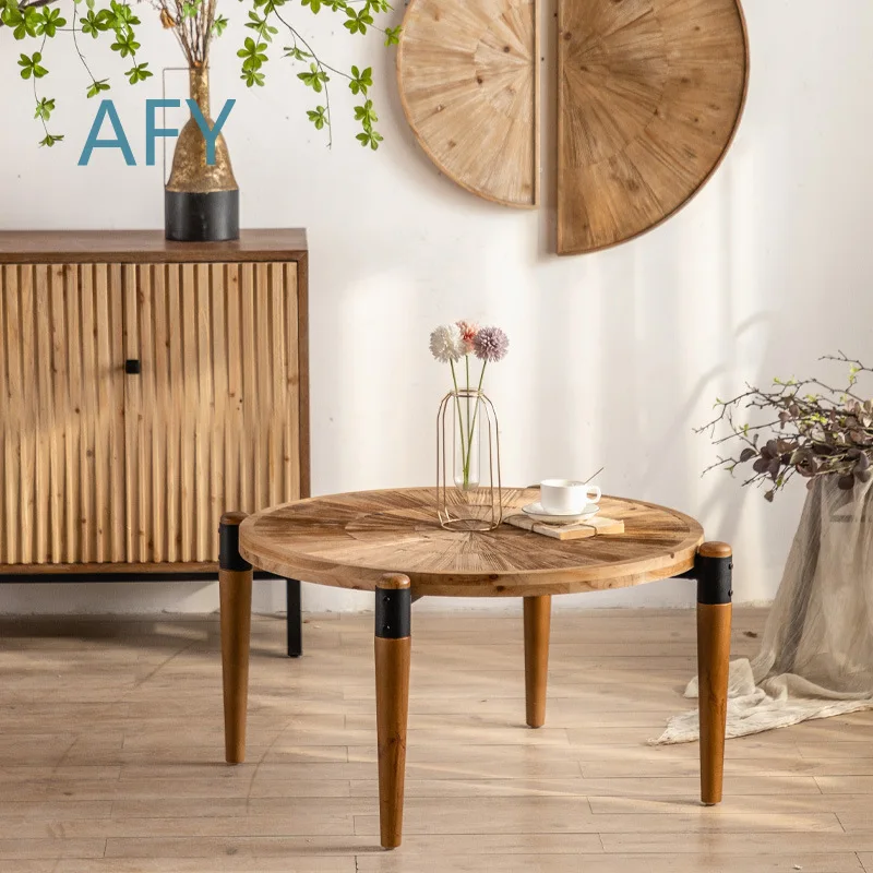 Rustic Iron Wood Small Coffee Table for Small Space Living Room Tea Table for Airbnb Cafe Balcony Minimalist Wabi Sabi Style