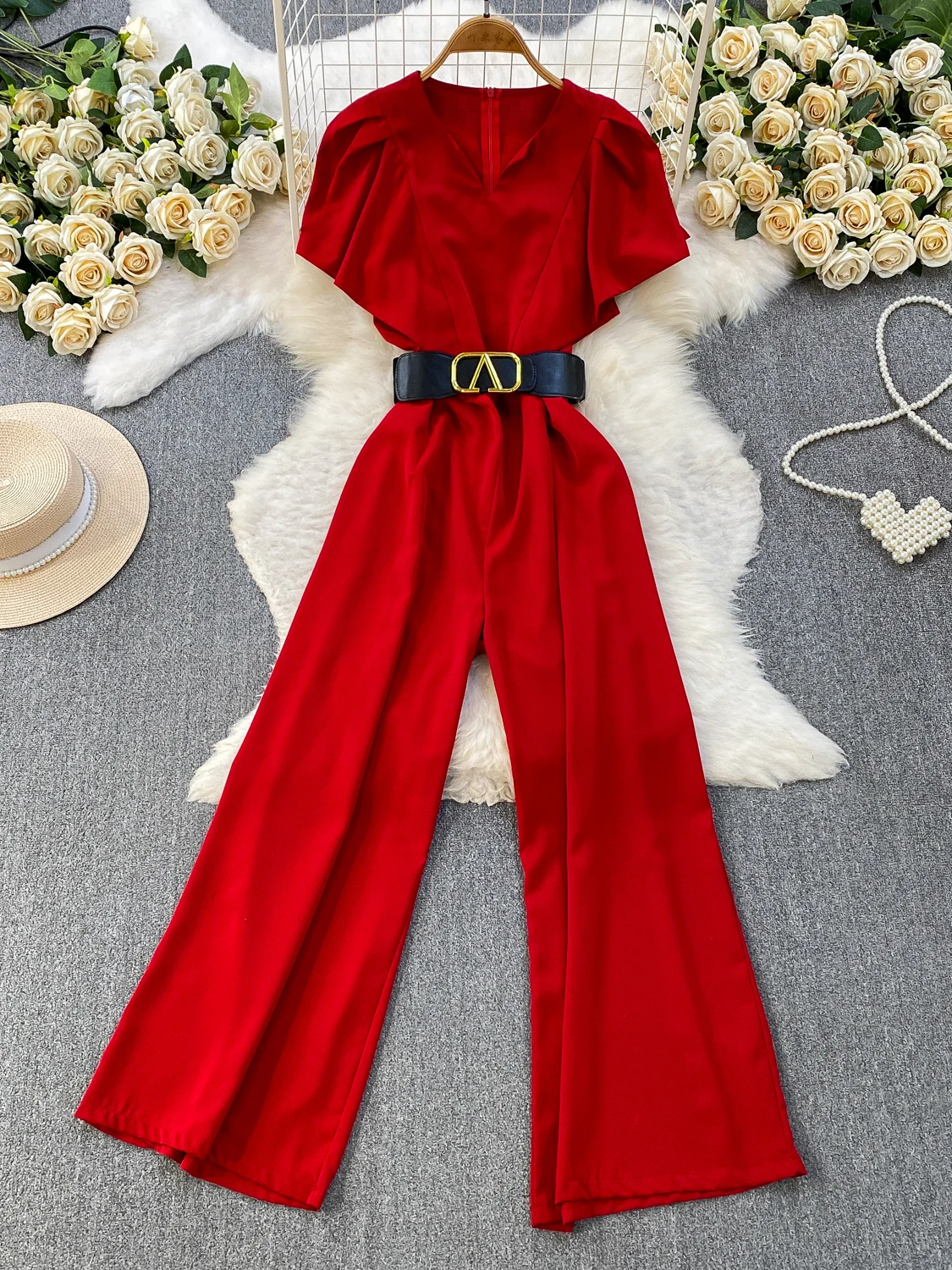 Elegant Ladylike Wide Leg Pants Women's New Style Retro Waist Cinching Slimming High Waist Long Pants Floral Sleeve Jumpsuit