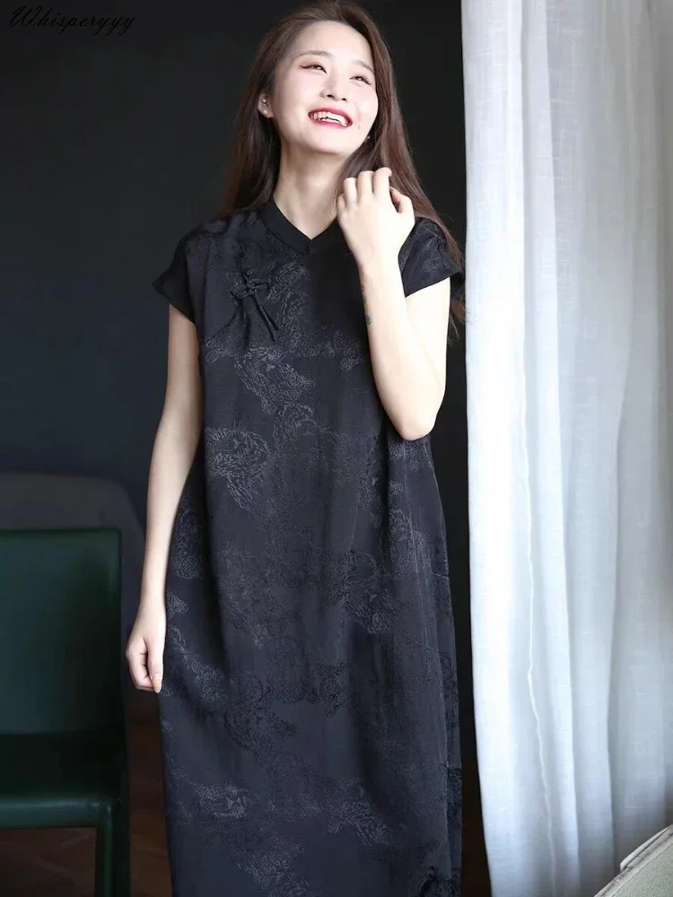 

2024 Summer Original Design Cotton Linen Qipao Black Women's Literary Vintage Cheongsam Chinese National Style Dress Women