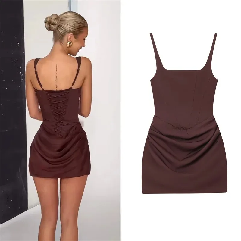 Damenkleid 2026 Herbst Neuheiten Rötlich-Braunes Sexy Bodycon Minikleid mit Spaghettiträgern und Bindedetails Stilvoll und Einzigartig