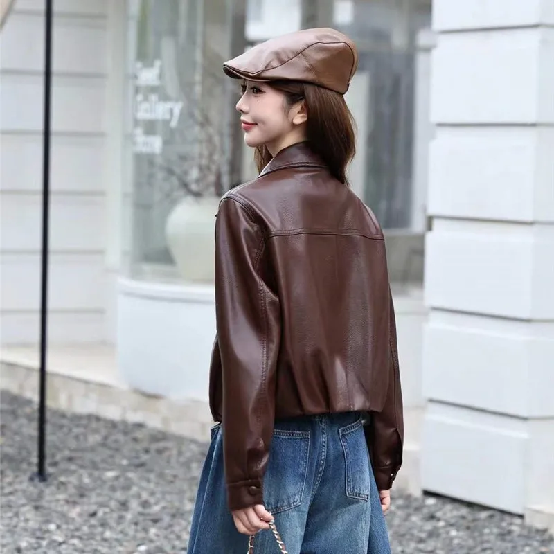 Black Short Faux PU Leather Jacket Big Pocket Lapel Single-Breasted Long Sleeve Autumn New Women Imitation Leather Biker Jacket
