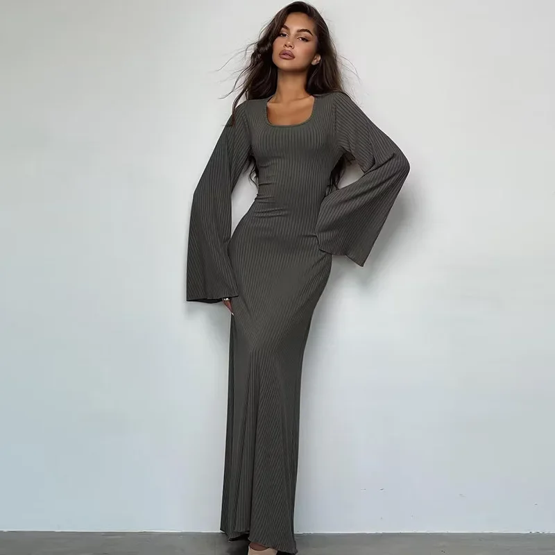 

High Waist Thread Dress Solid Color Casual Bandage Trend Autumn Loose Dress Women Back Tie-Neck Flare Long Sleeve Dress Robe