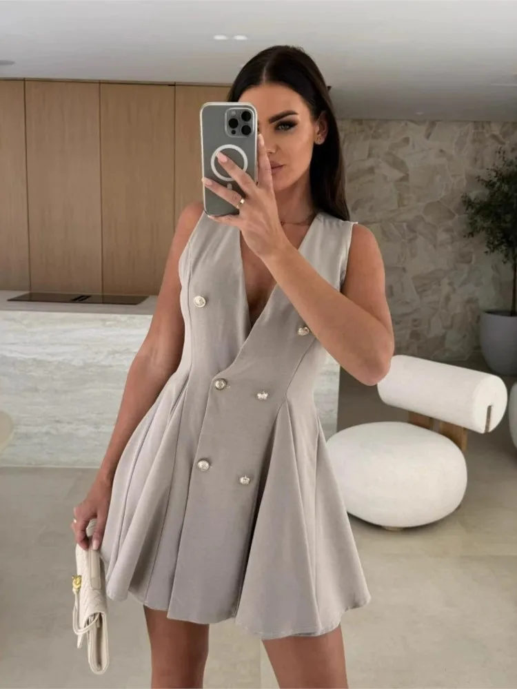 

Summer V-neck Sleeveless Sexy Waist-hugging Short Dress New Womens Fashion Elegant Solid Button Office Holiday Casual Dresses