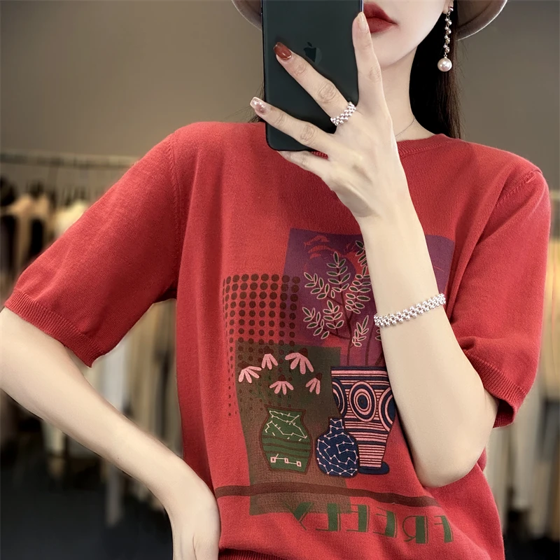 Summer New 100% Cotton Knitted Short-Sleeved Women\'s Round Neck Color Matching Printed T-Shirt Loose Plus Size Half Sleeve Top