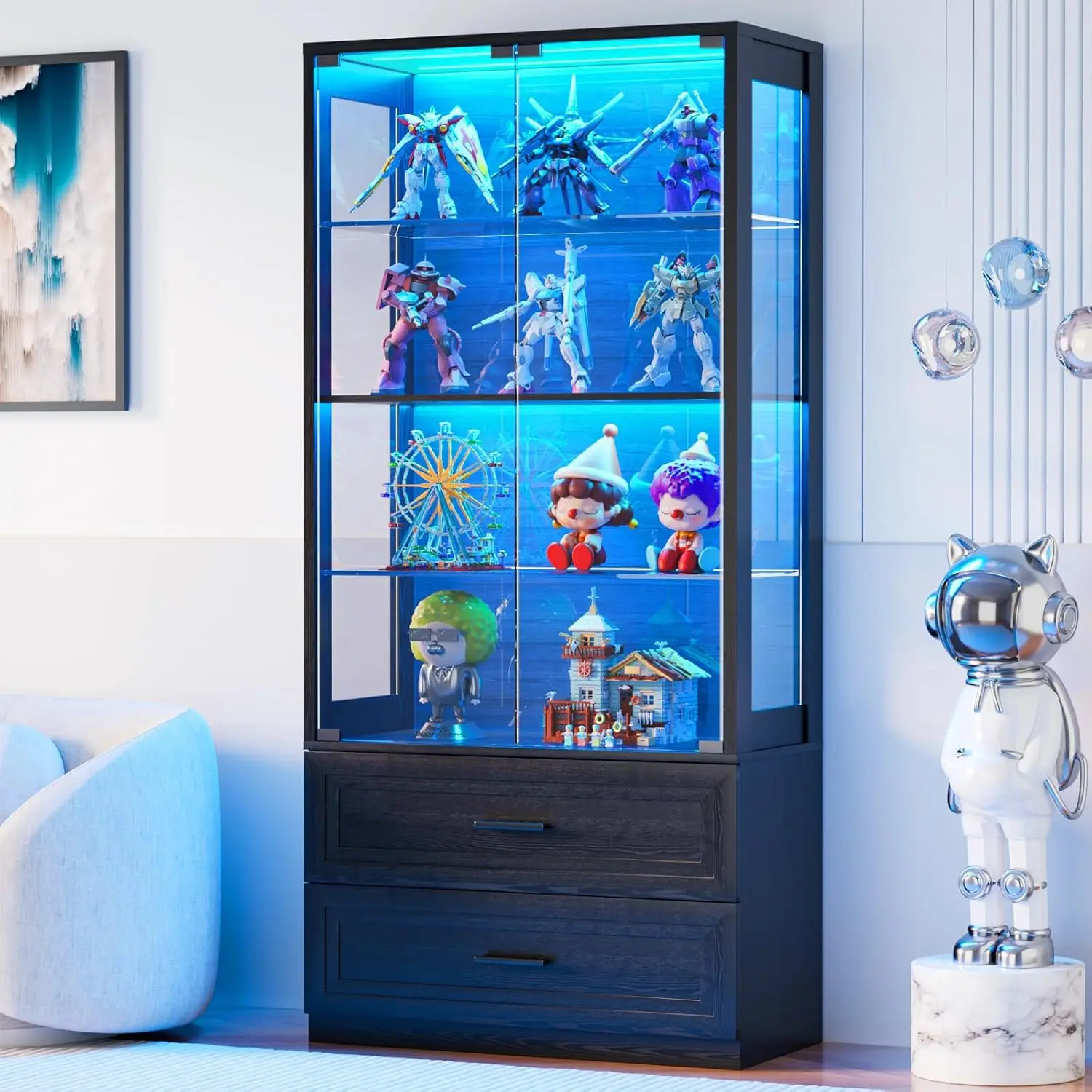 

70" Display Cabinet with Glass Doors, 4-Tier Curio Cabinet with Removable Glass Shelves, Display Case, Customized