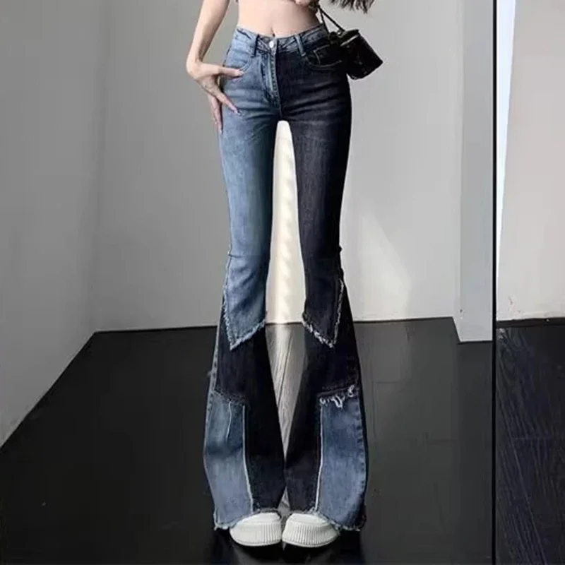 

Vintage Contrast Patchwork Flared Jeans Women Streetwear Stretch High Waist Skinny Trousers Fashion Casual Denim Pants