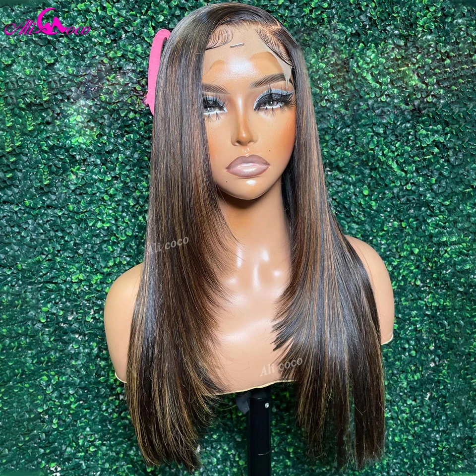 Destaque peruca marrom para mulheres negras, cabelo humano, perucas dianteiras com renda, onda corporal reta, brasileira, frontal de renda 13x4, pré-arrancada