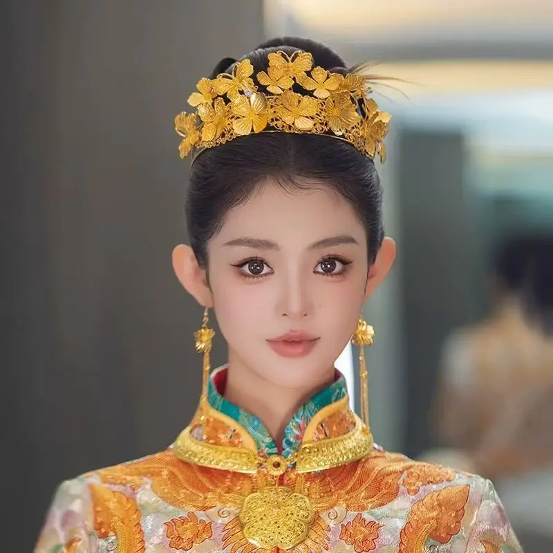 

New Chinese Style Golden Phoenix Crown Tassel Earrings Two-Piece Set Elegant Woman Headwear Bridal Hair Accessories High Quality