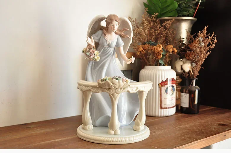 Home Craft Ceramic Flower Fairy Angel Figurine Flower Basket Angel Girl Sculpture Retro Desktop Ornament Exquisite Birthday Gift