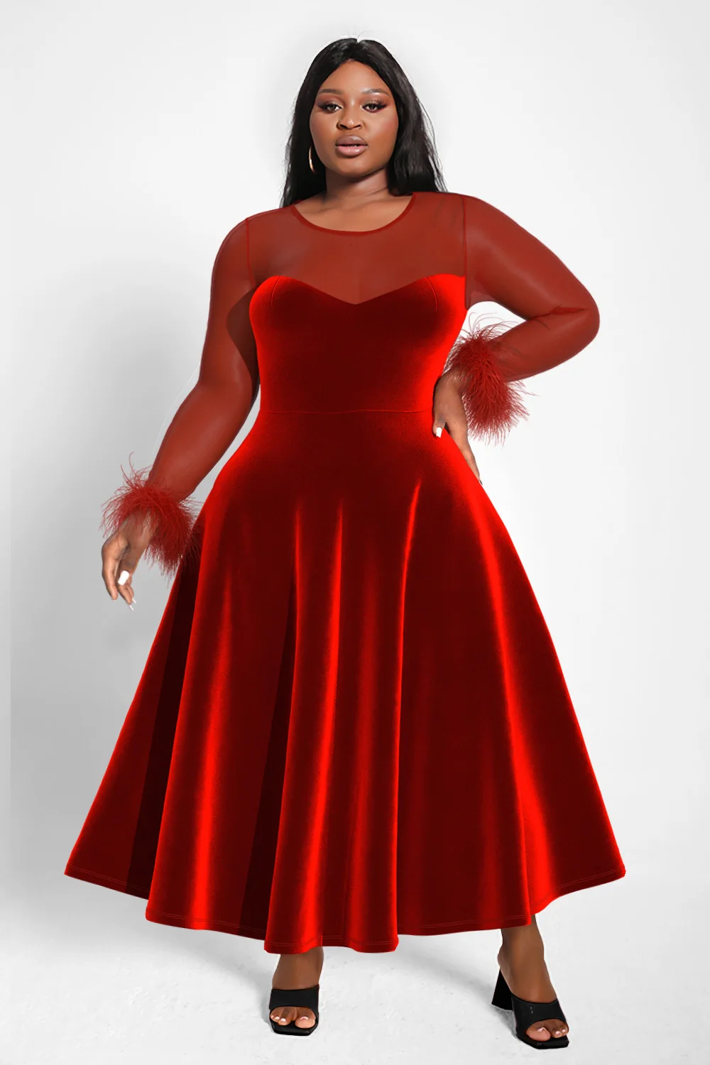 

Plus Size Cocktail Party Midi Dresses Elegant Black Fall Winter Crew Neck Long Sleeve See Through Velvet Midi Dresses