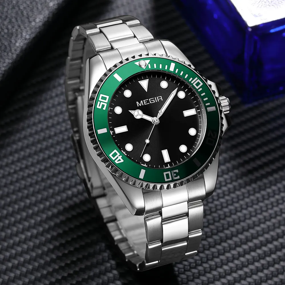 MEGIR Men's Minimalist Quartz Watch with Luminous Hands Calendar Date Stainless Steel Band Simple Business Style Wristwatch