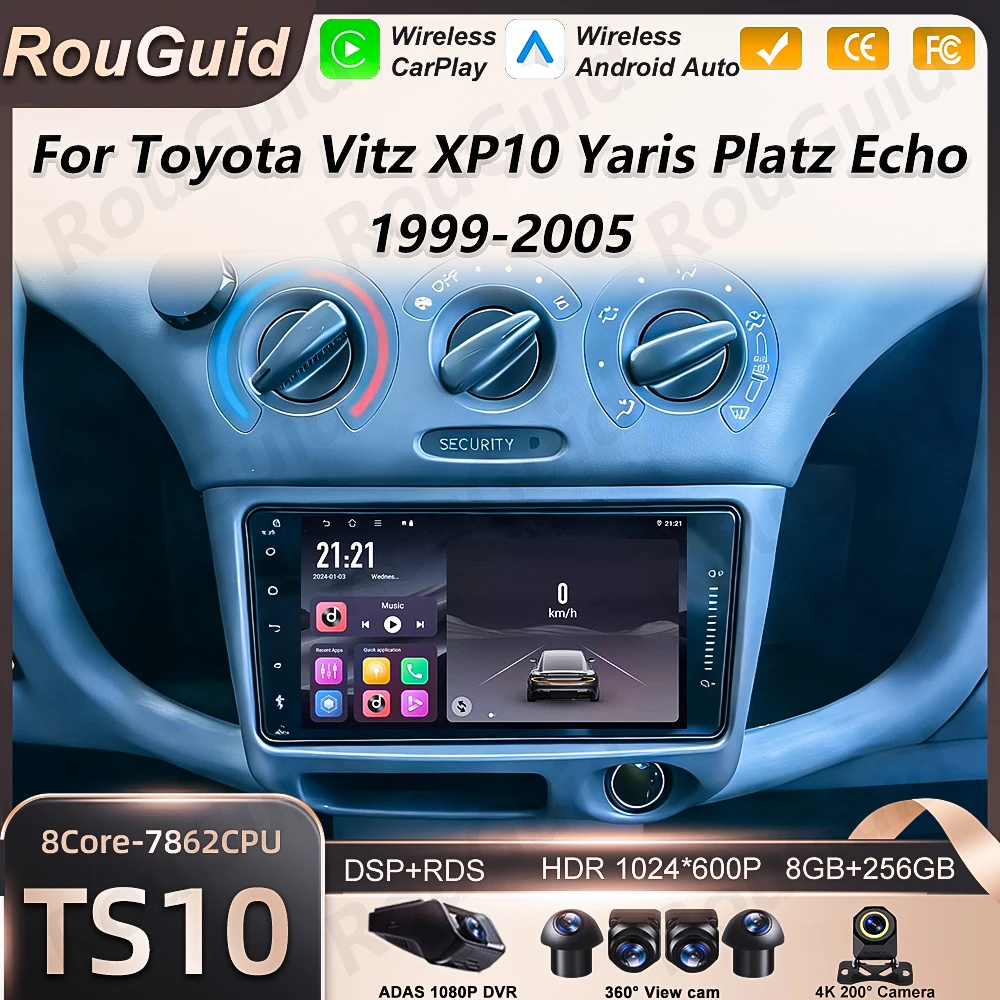 Android Auto Car Radio For Toyota Vitz XP10 Yaris Platz Echo 1999 2000 2001 2002 2003 2004 2005 Carplay Multimedia Player Stereo