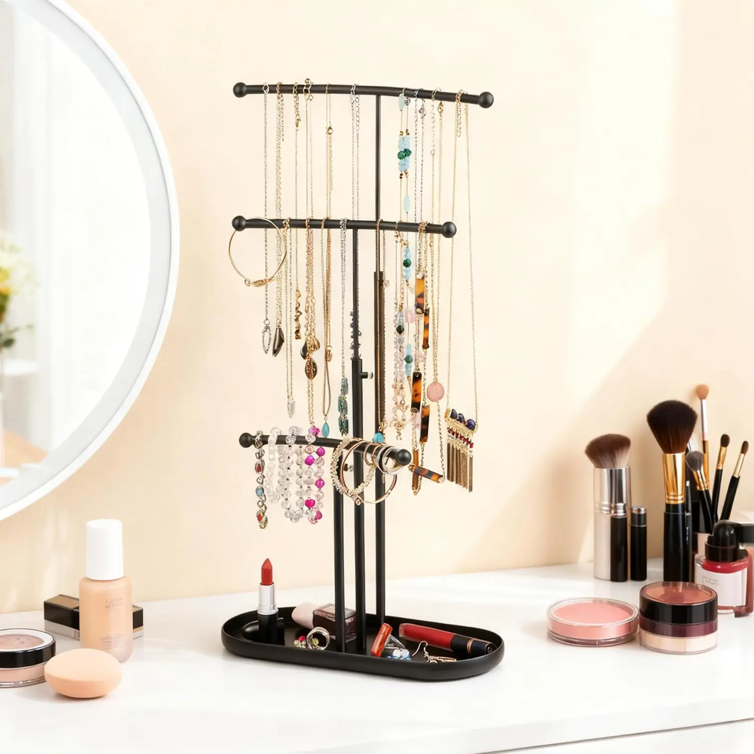 Metal Jewelry Tree, 3-Tier Organizer for Necklaces & Earrings, Black Display Stand – Christmas Gift