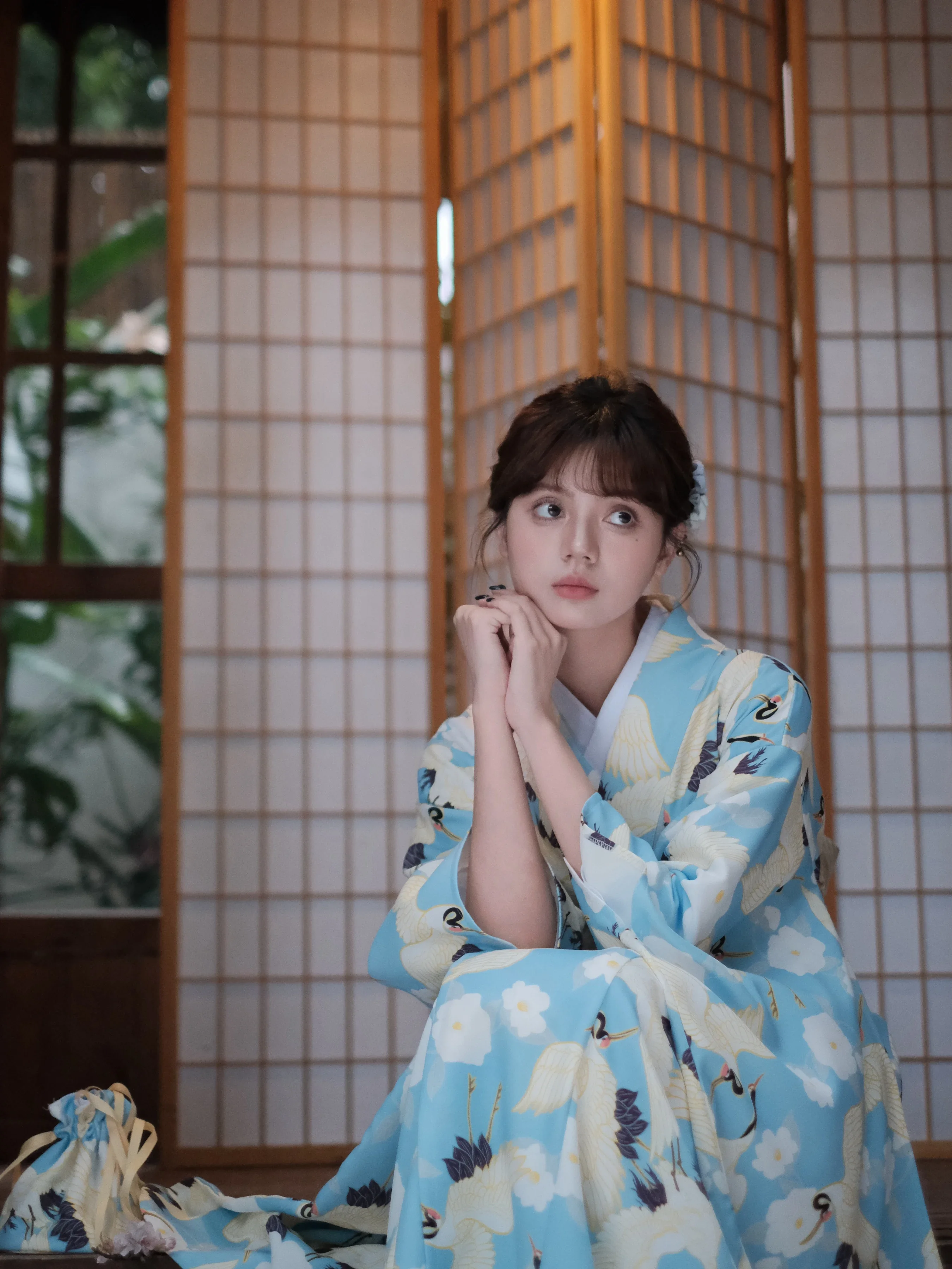 Femmes Japonais Traditionnel Furisode Kimono Bleu Couleur Grue Imprime Yukata Robe Cosplay Costume Photographie Robe