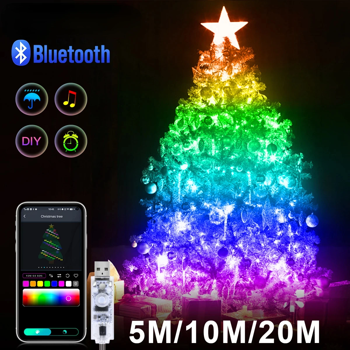 

10M/20M USB Christmas Tree LED String Lights with Smart Bluetooth App Remote Control Christmas Home Decor Fairy Lights Garland