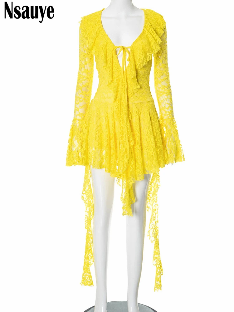 فستان قصير أنيق مكشكش وأكمام طويلة من Nsauye فستان نسائي صيفي شفاف مثير للنوادي الليلية والحفلات المسائية فستان منخفض القطع