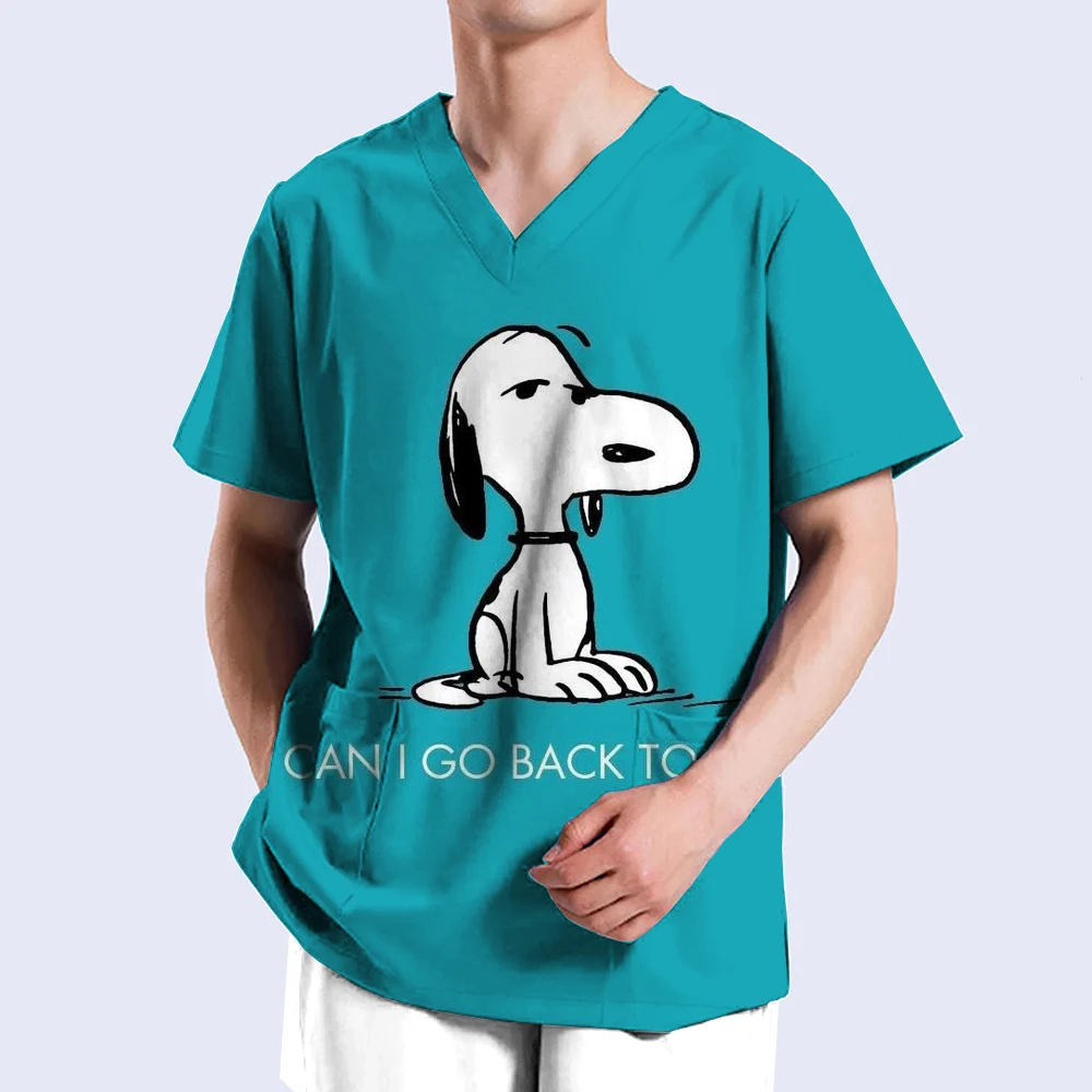 Męska sala operacyjna z nadrukiem Snoopy Medical Scrub Uniform Print Top Pet Grooming Clinic Nursing Short Sleeve Zoo Cleaning Work