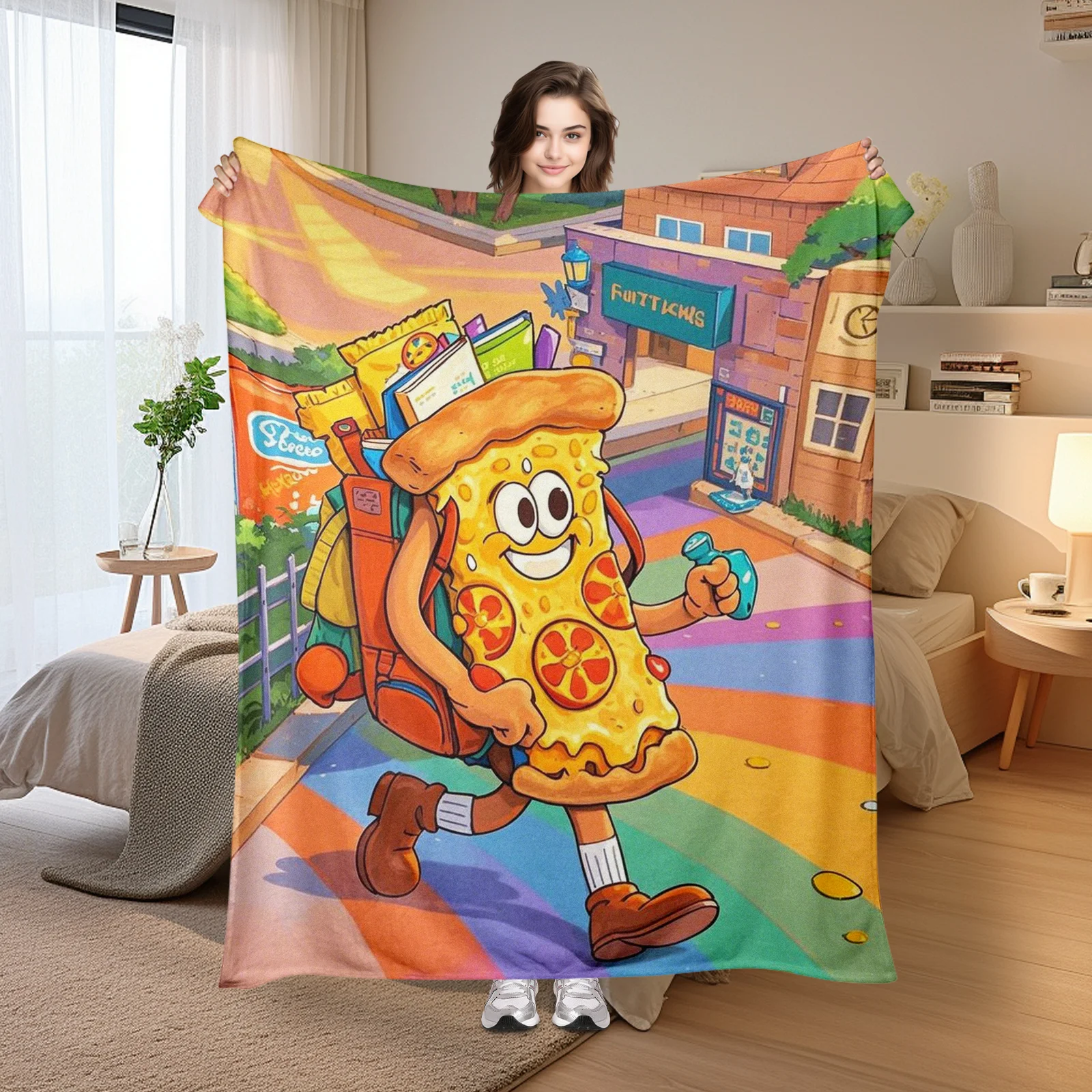 Pizza Themed Blanket Featuring Backpack Snacks Path And Colorful Designs For Artistic Home Decor And Unique Gift Idea