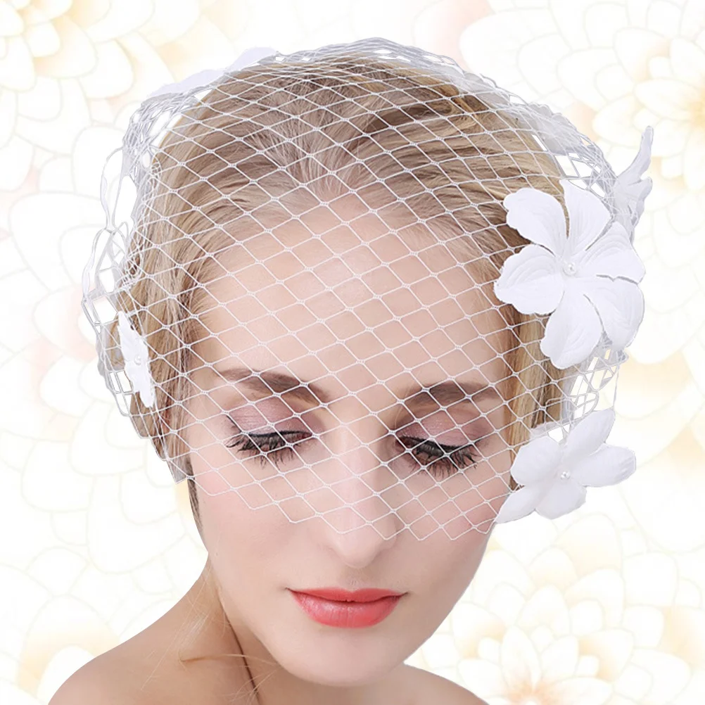 

White Flower Wedding Short Mesh Veil Elegant Bridal Covered Face Headpiece for Tea Party Bride Ladies Fashion Show Cocktail