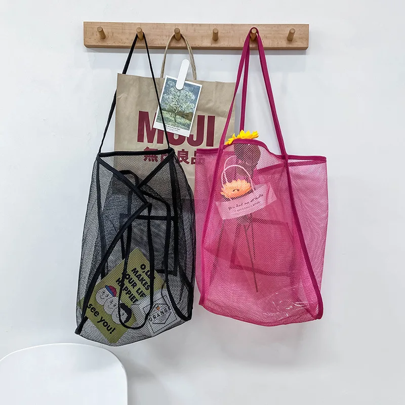 Women Transparent Mesh Single Should Ins Winder Bag Fashionable Lightweight Portable Shopping Travel Beach Mesh Net Tote Handbag