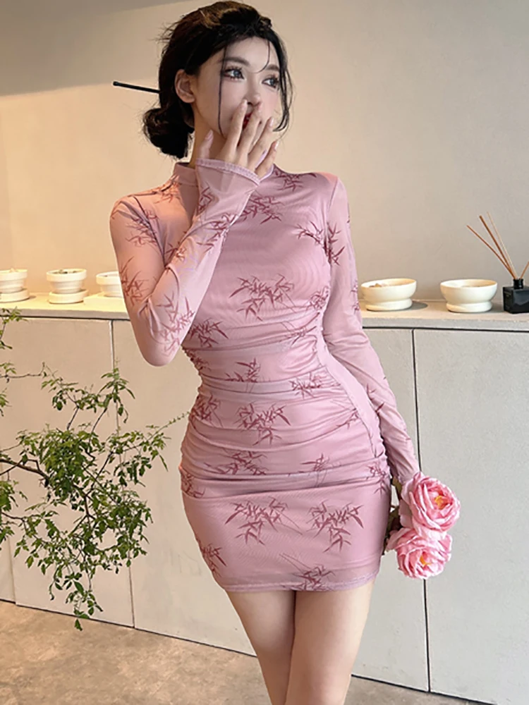 Women Blue Print Long Sleeve Stand Collar Cheongsam Dress Autumn Winter Elegant Casual Home Dress 2025 Korean Bodycon Prom Dress