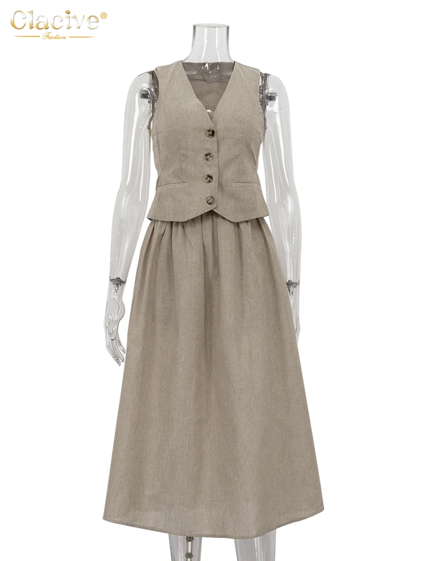 Clacive Summer Loose Khaki Cotton 3 Piece Set Woman Outfit Fashion Sleeveless Tank Top + Crop Top With High Waist Long Skirt Set