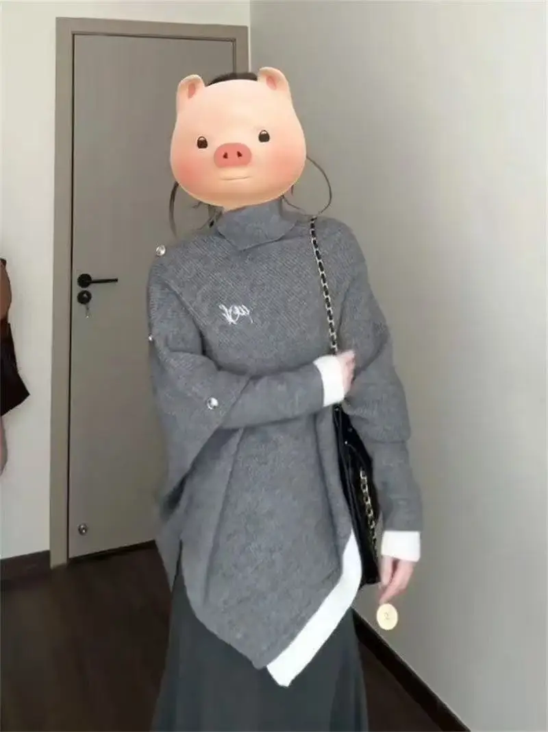 

Женский вязаный комплект-двойка: свитер с высоким воротником и асимметричный кейп, повседневный стиль, средней плотности, осень-зима, серый, модный ансамбль