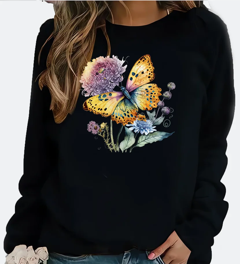 New Women's Hoodie European Butterfly and Flower Brushes Printed Crew-neck Hoodie Sweatshirt  Streetwear Women Aesthetic