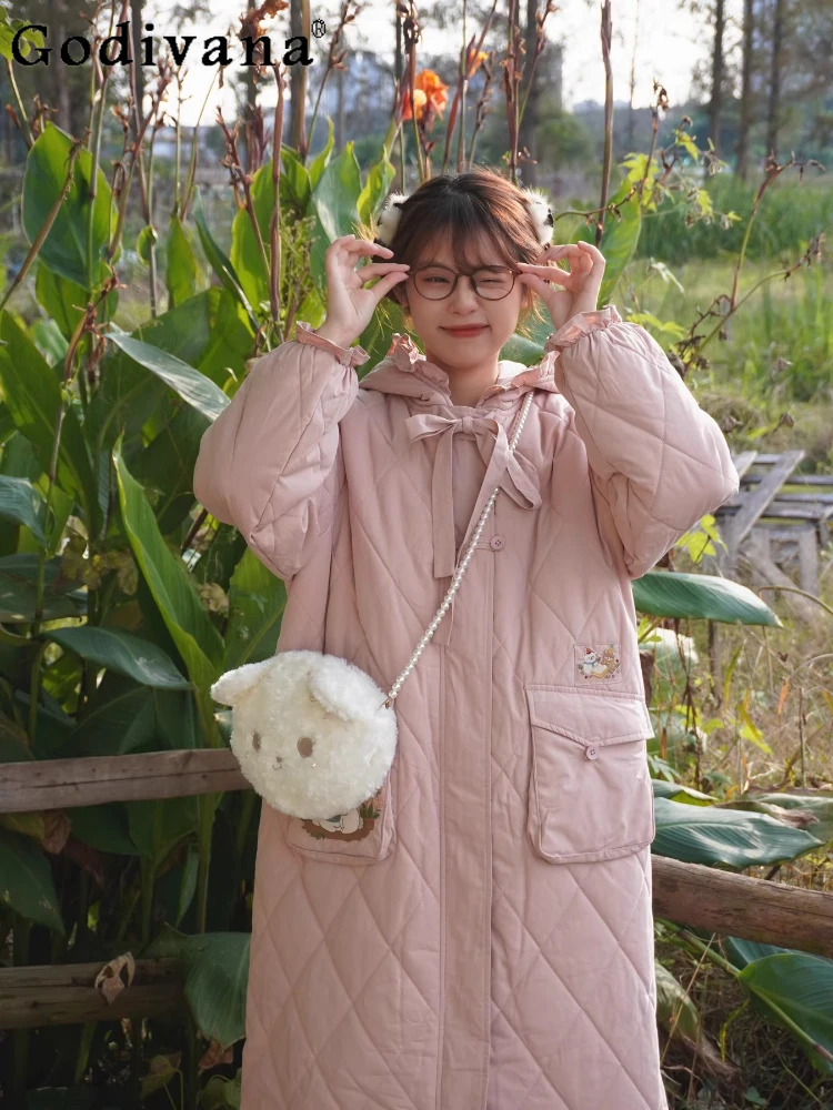 

Mori Girls Sweet Lolita Pink Long Parka Women Japanese Cute Girl Sweet Embroidery Loose Retro Down Parka Winter Warm Long Jacket