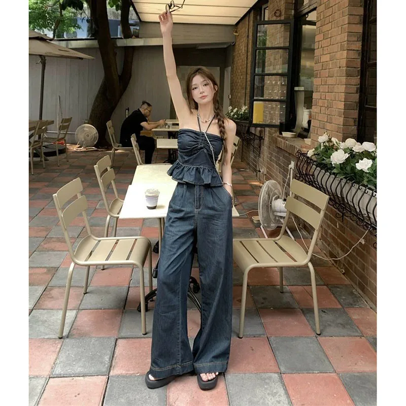 

New Temperament Denim Suit Strapless Neck Tube Top Women's Spring Summer Loose Wide Legs Long Pants Comfortable Two-Piece Suit